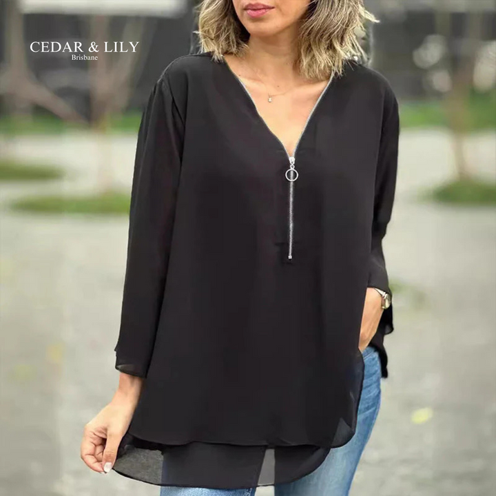 Mia Zip V-Neck Blouse