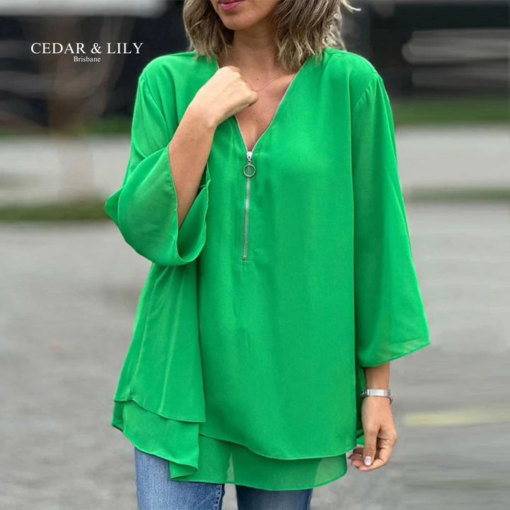 Mia Zip V-Neck Blouse