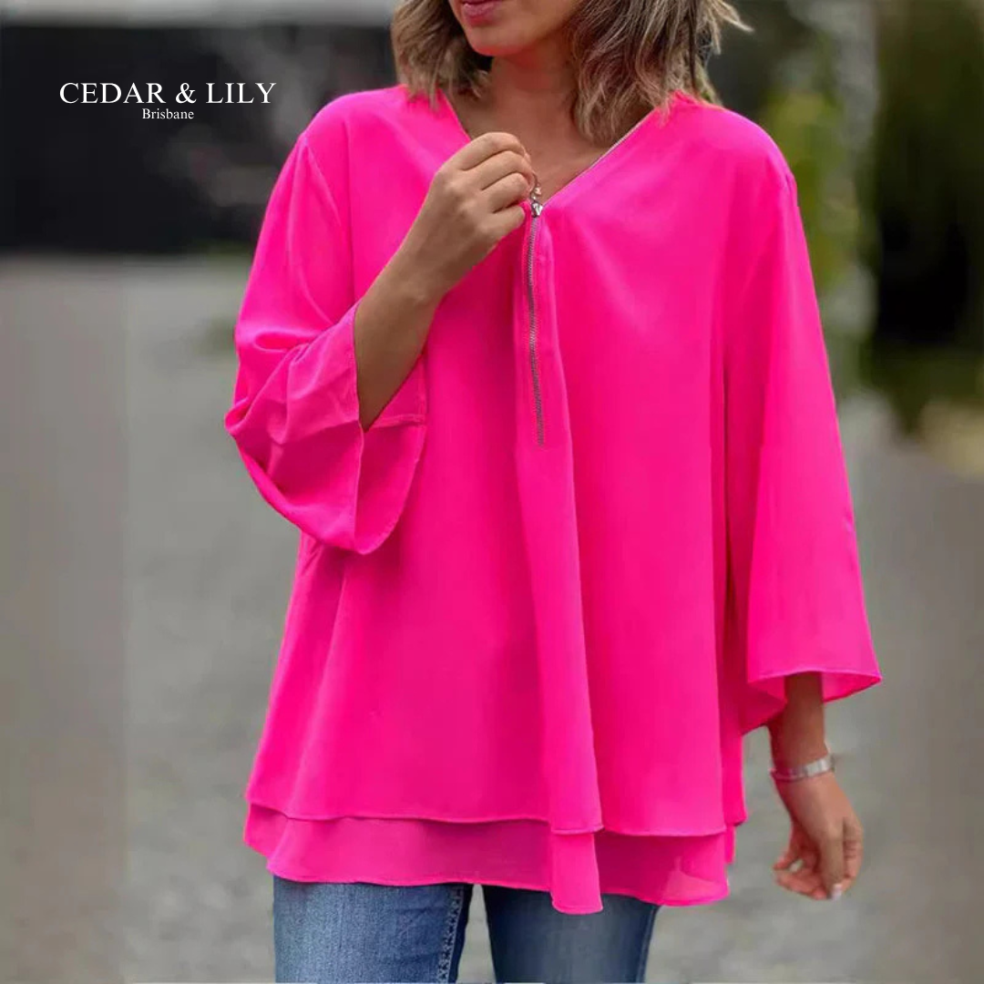 Mia Zip V-Neck Blouse