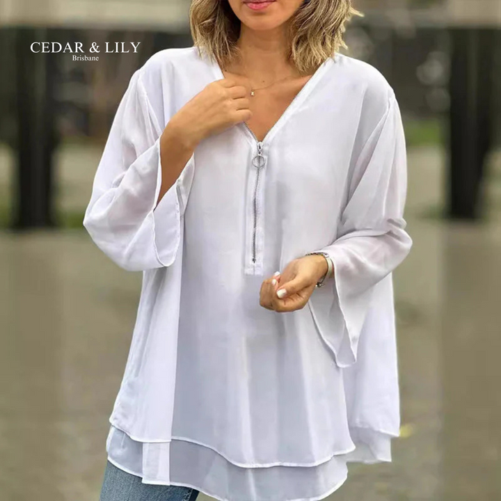 Mia Zip V-Neck Blouse