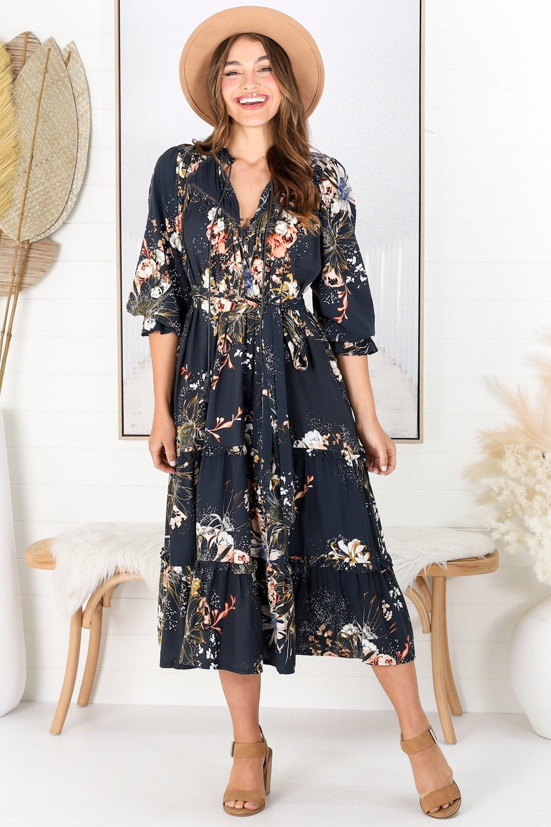 Beth Indigo Frill Collar Midi Dress